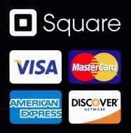 Payment option logos showing Square, VISA, MasterCard, American Express and Discover